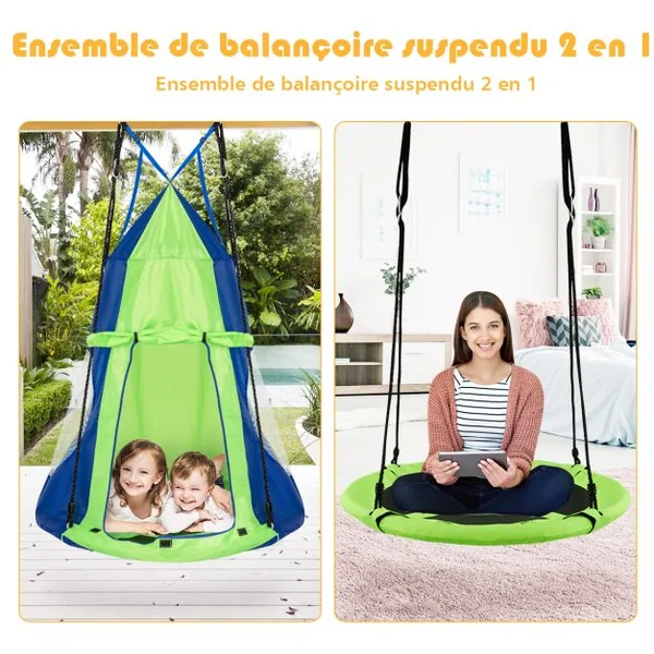 Balançoire Nid d’Oiseau Rond Tente Détachable Balançoire d'Arbre Hauteur Réglable Capacité 150 kg 100-132cm Orange