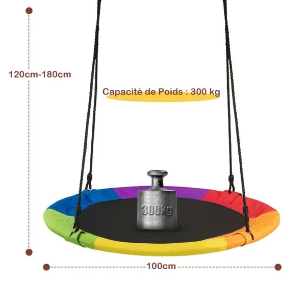 Balançoire Nid d'Oiseau Rond Ø 100CM avec Réglable 120-180CM Balançoire Ronde Intérieur Extérieur avec Cadre en Acier Charge 300kg pour 2-3 Enfants
