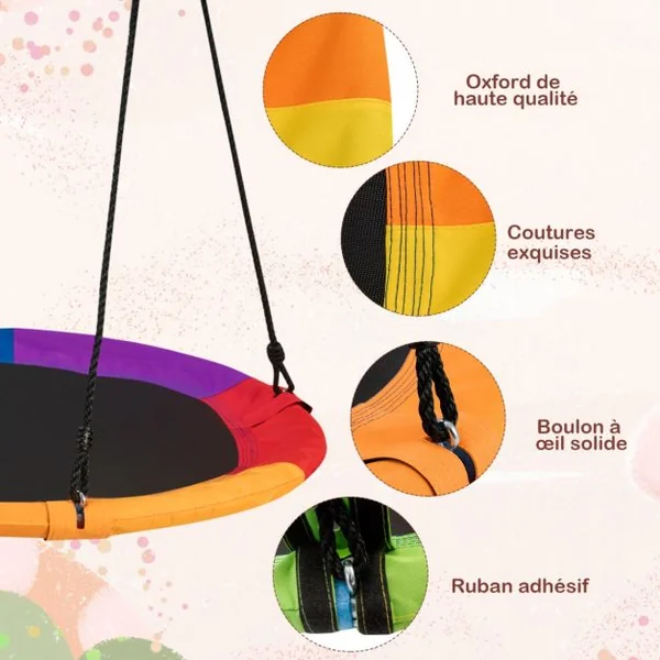 Balançoire Nid d'Oiseau Rond Ø 100CM avec Réglable 120-180CM Balançoire Ronde Intérieur Extérieur avec Cadre en Acier Charge 300kg pour 2-3 Enfants
