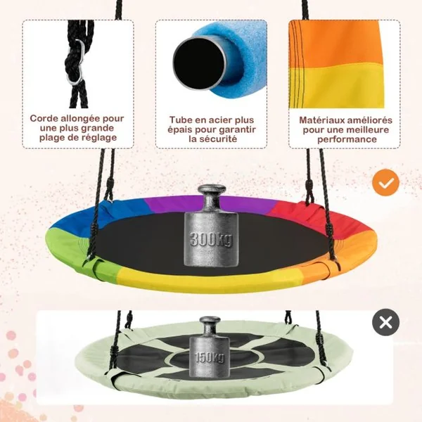 Balançoire Nid d'Oiseau Rond Ø 100CM avec Réglable 120-180CM Balançoire Ronde Intérieur Extérieur avec Cadre en Acier Charge 300kg pour 2-3 Enfants