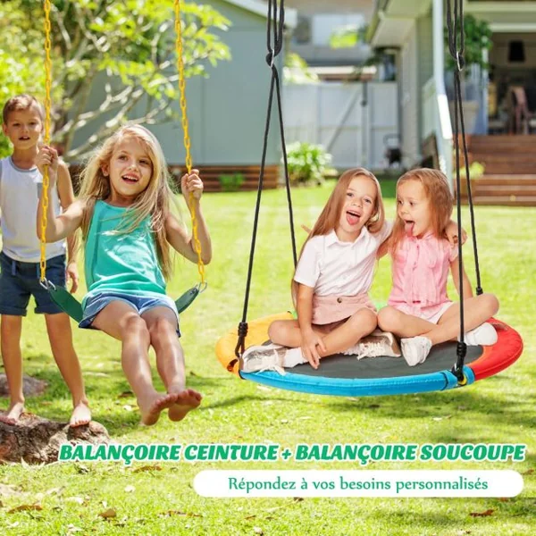 Balançoire Nid d'Oiseau Ø1m et Balançoire Ceinture 1,2m avec Cordes Réglables 2 Façons de Suspendre Charge Maximum 150kg