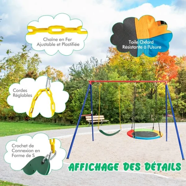 Balançoire Nid d'Oiseau Ø1m et Balançoire Ceinture 1,2m avec Cordes Réglables 2 Façons de Suspendre Charge Maximum 150kg
