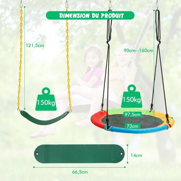 Balançoire Nid d'Oiseau Ø1m et Balançoire Ceinture 1,2m avec Cordes Réglables 2 Façons de Suspendre Charge Maximum 150kg