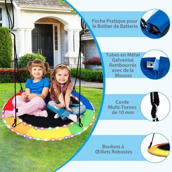 Balançoire Nid d'Oiseau Ø 100CM Charge 300kg pour 4 Enfants de 3 ans+ Balançoire Soucoupe Lumières LED Coloré en 8 Mode