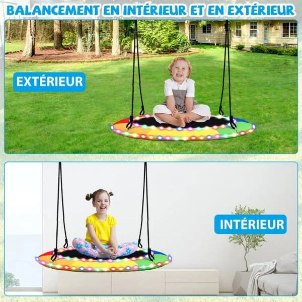 Balançoire Nid d'Oiseau Ø 100CM Charge 300kg pour 4 Enfants de 3 ans+ Balançoire Soucoupe Lumières LED Coloré en 8 Mode