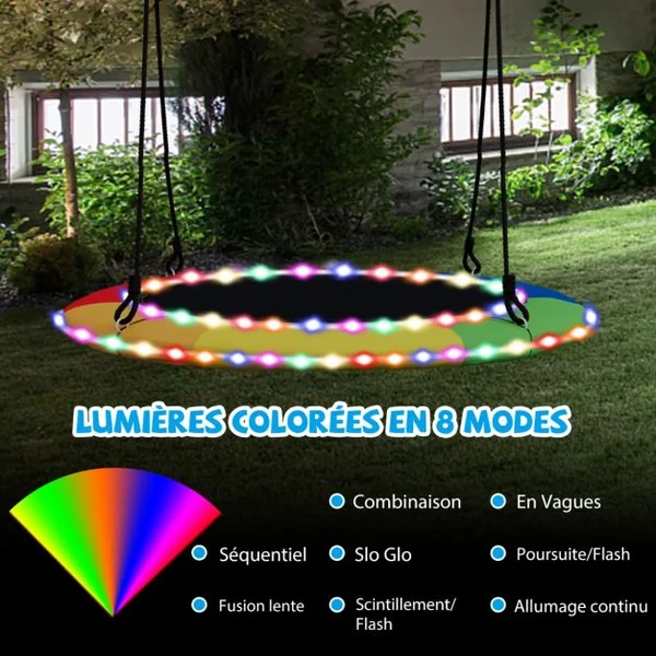 Balançoire Nid d'Oiseau Ø 100CM Charge 300kg pour 4 Enfants de 3 ans+ Balançoire Soucoupe Lumières LED Coloré en 8 Mode