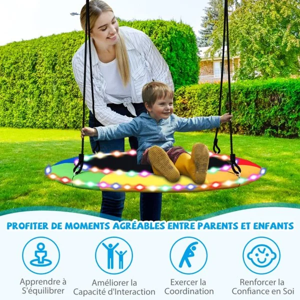 Balançoire Nid d'Oiseau Ø 100CM Charge 300kg pour 4 Enfants de 3 ans+ Balançoire Soucoupe Lumières LED Coloré en 8 Mode