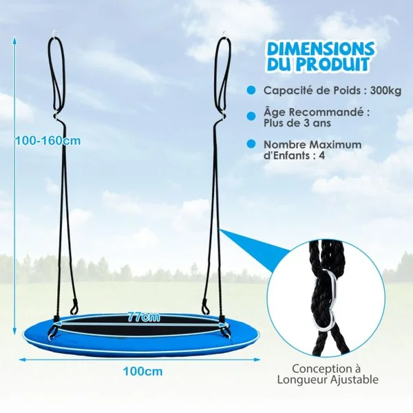 Balançoire Nid d'Oiseau Ø 100CM Charge 300kg pour 4 Enfants de 3 ans+ Balançoire Soucoupe Lumières LED en 3 Mode