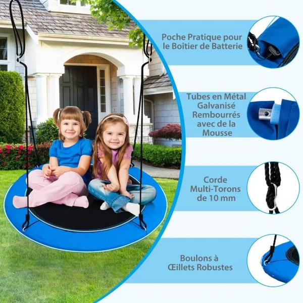 Balançoire Nid d'Oiseau Ø 100CM Charge 300kg pour 4 Enfants de 3 ans+ Balançoire Soucoupe Lumières LED en 3 Mode