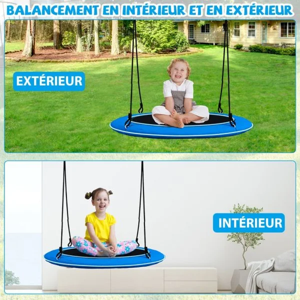 Balançoire Nid d'Oiseau Ø 100CM Charge 300kg pour 4 Enfants de 3 ans+ Balançoire Soucoupe Lumières LED en 3 Mode