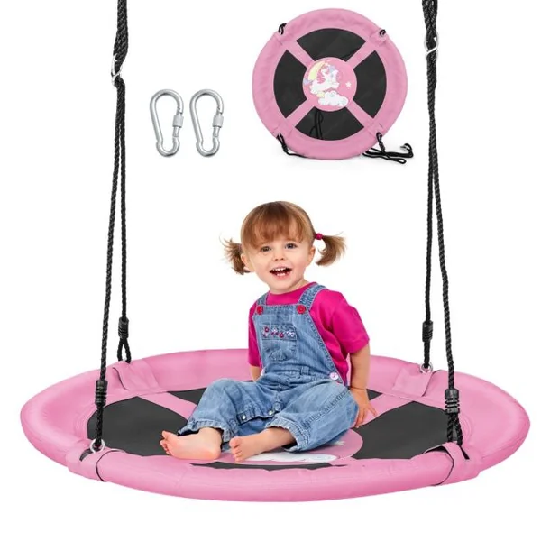 Balançoire Soucoupe de 102 Cm pour Enfants Siège de Balançoire Circulaire Volant avec Cordes et Mousquetons Réglables Tissu Oxford Imperméable Vert