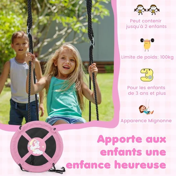 Balançoire Soucoupe de 102 Cm pour Enfants Siège de Balançoire Circulaire Volant avec Cordes et Mousquetons Réglables Tissu Oxford Imperméable Vert