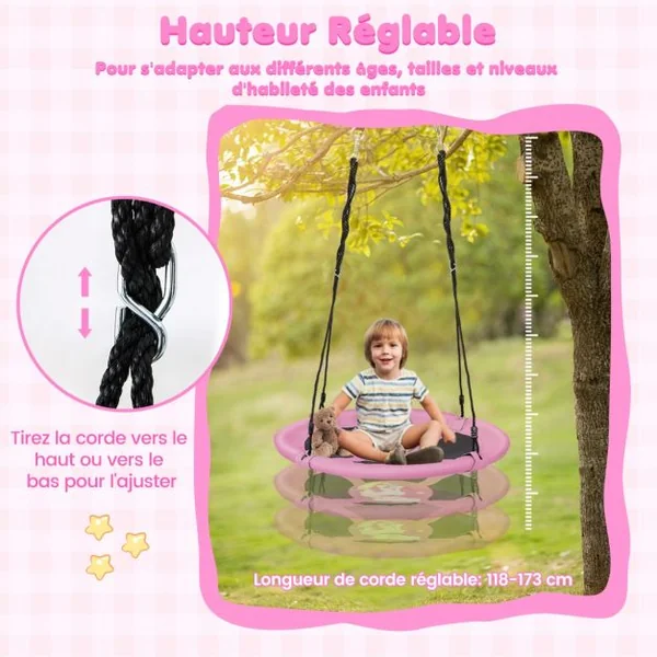 Balançoire Soucoupe de 102 Cm pour Enfants Siège de Balançoire Circulaire Volant avec Cordes et Mousquetons Réglables Tissu Oxford Imperméable Vert