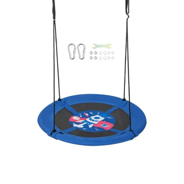 Balançoire Soucoupe φ102 Cm pour Enfants avec Cordes de Suspension Réglables Tissu Oxford Tuyaux en Métal Galvanisé pour Parc Motif Fusée