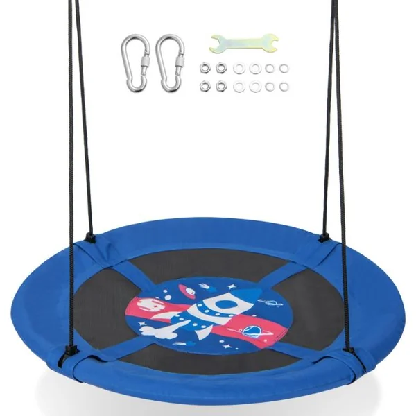 Balançoire Soucoupe φ102 Cm pour Enfants avec Cordes de Suspension Réglables Tissu Oxford Tuyaux en Métal Galvanisé pour Parc Motif Fusée