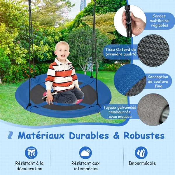 Balançoire Soucoupe φ102 Cm pour Enfants avec Cordes de Suspension Réglables Tissu Oxford Tuyaux en Métal Galvanisé pour Parc Motif Fusée