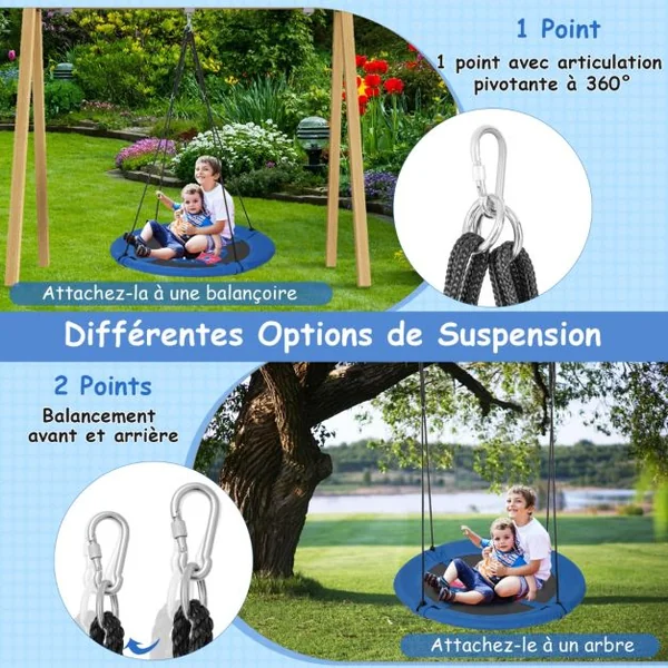 Balançoire Soucoupe φ102 Cm pour Enfants avec Cordes de Suspension Réglables Tissu Oxford Tuyaux en Métal Galvanisé pour Parc Motif Fusée
