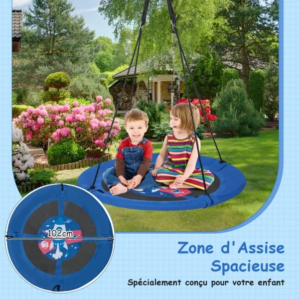Balançoire Soucoupe φ102 Cm pour Enfants avec Cordes de Suspension Réglables Tissu Oxford Tuyaux en Métal Galvanisé pour Parc Motif Fusée