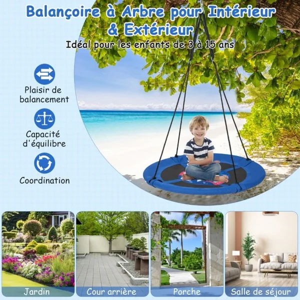 Balançoire Soucoupe φ102 Cm pour Enfants avec Cordes de Suspension Réglables Tissu Oxford Tuyaux en Métal Galvanisé pour Parc Motif Fusée