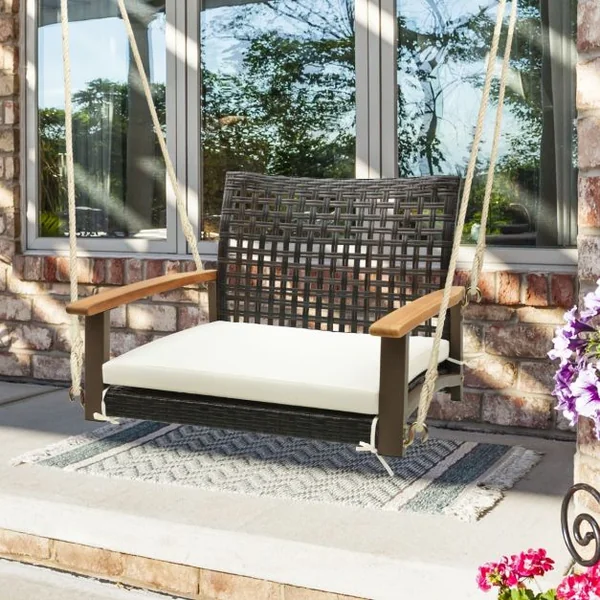 Balançoire Suspendue de Porche en Rotin Coussin de Siège Accoudoirs en Bois d'Acacia 2 Cordes de Suspension en Chanvre Cadre en Métal Blanc