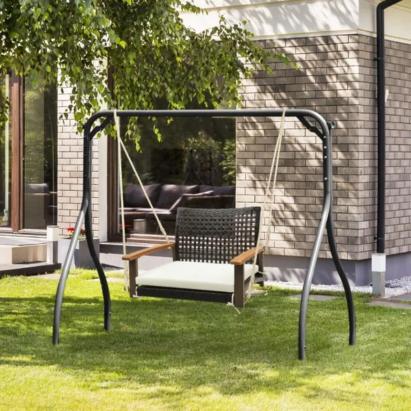 Balançoire Suspendue de Porche en Rotin Coussin de Siège Accoudoirs en Bois d'Acacia 2 Cordes de Suspension en Chanvre Cadre en Métal Blanc