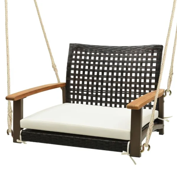 Balançoire Suspendue de Porche en Rotin Coussin de Siège Accoudoirs en Bois d'Acacia 2 Cordes de Suspension en Chanvre Cadre en Métal Blanc