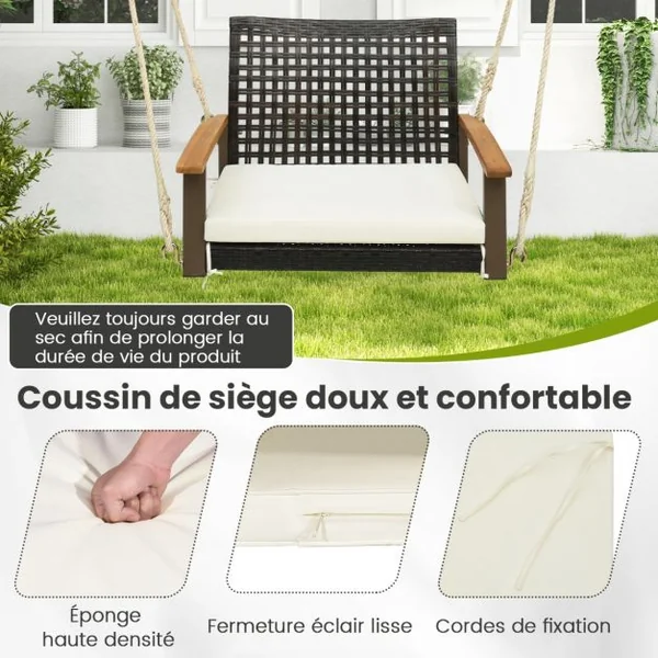 Balançoire Suspendue de Porche en Rotin Coussin de Siège Accoudoirs en Bois d'Acacia 2 Cordes de Suspension en Chanvre Cadre en Métal Blanc