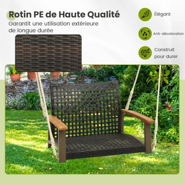 Balançoire Suspendue de Porche en Rotin Coussin de Siège Accoudoirs en Bois d'Acacia 2 Cordes de Suspension en Chanvre Cadre en Métal Blanc