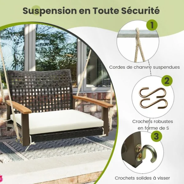 Balançoire Suspendue de Porche en Rotin Coussin de Siège Accoudoirs en Bois d'Acacia 2 Cordes de Suspension en Chanvre Cadre en Métal Blanc