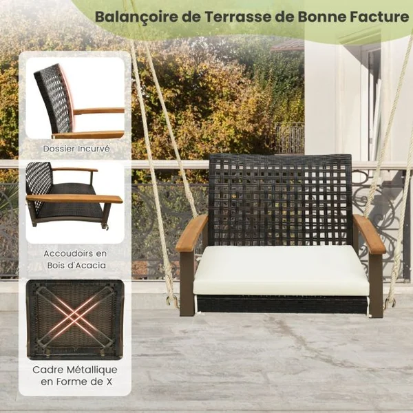 Balançoire Suspendue de Porche en Rotin Coussin de Siège Accoudoirs en Bois d'Acacia 2 Cordes de Suspension en Chanvre Cadre en Métal Blanc