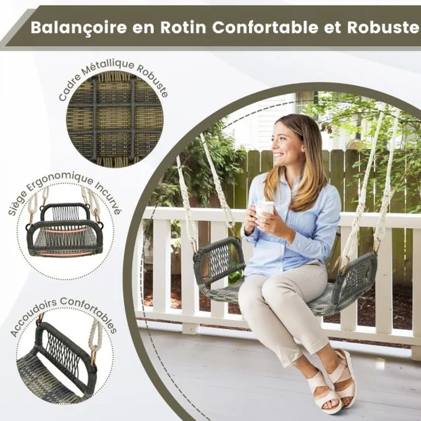 Balançoire Suspendue Incurvée de Porche en Osier Accoudoirs Confortables Balançoire d'Arbre en Rotin avec 2 Cordes de Chanvre