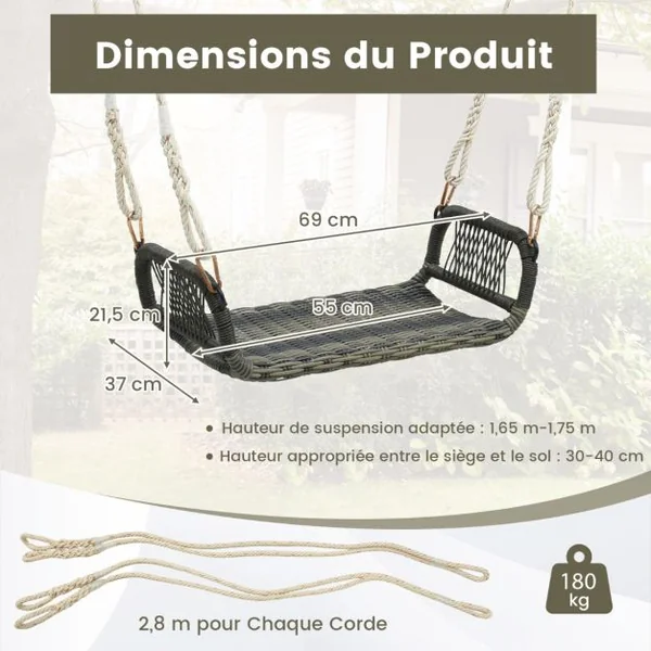 Balançoire Suspendue Incurvée de Porche en Osier Accoudoirs Confortables Balançoire d'Arbre en Rotin avec 2 Cordes de Chanvre