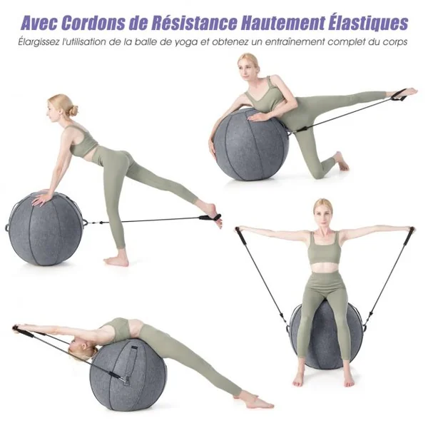 Ballon de Pilates 65CM avec Housse en Feutre Doux 2 Bandes de Résistance Poignées et Pompe Ballon Gym pour Maison Gris