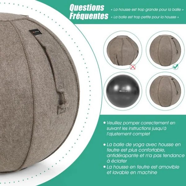 Ballon de Pilates 65CM avec Housse en Feutre Doux 2 Bandes de Résistance Poignées et Pompe Ballon Gym pour Maison Marron