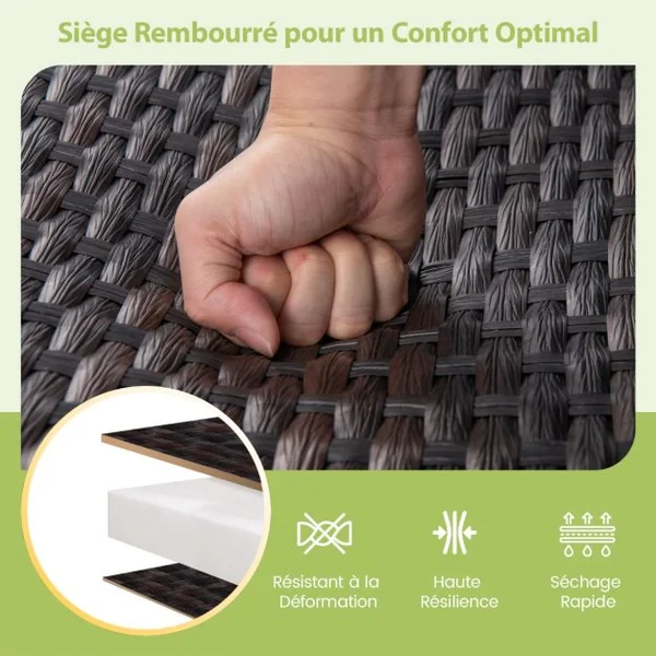 Banc Coulissant d'Extérieur Causeuse en Rotin Tissé pour 2 Personnes Siège en Mousse à Séchage Rapide Bras Coulissants en Métal Marron