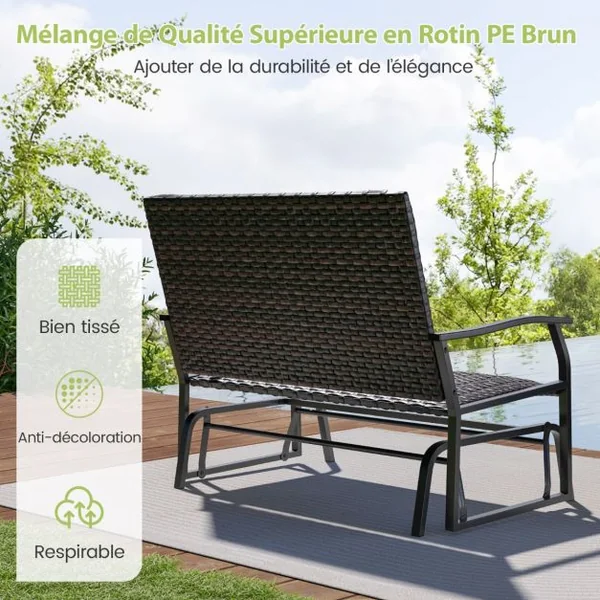 Banc Coulissant d'Extérieur Causeuse en Rotin Tissé pour 2 Personnes Siège en Mousse à Séchage Rapide Bras Coulissants en Métal Marron