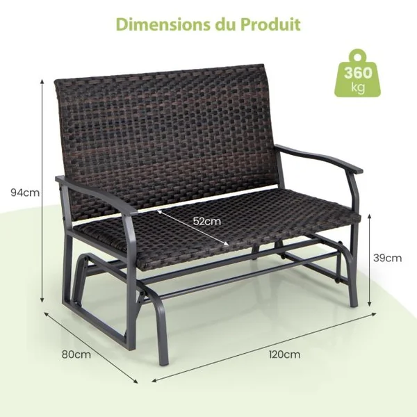 Banc Coulissant d'Extérieur Causeuse en Rotin Tissé pour 2 Personnes Siège en Mousse à Séchage Rapide Bras Coulissants en Métal Marron