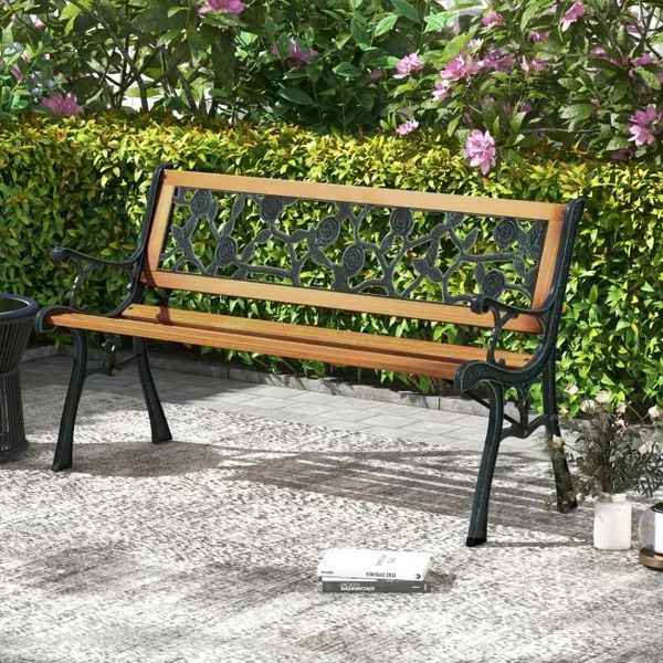 Banc de Jardin 126 cm Banc de Parc à Structure en Métal Moulé avec Siège en Bois Banc d'Extérieur pour 3 Personnes Accoudoirs Incurvés