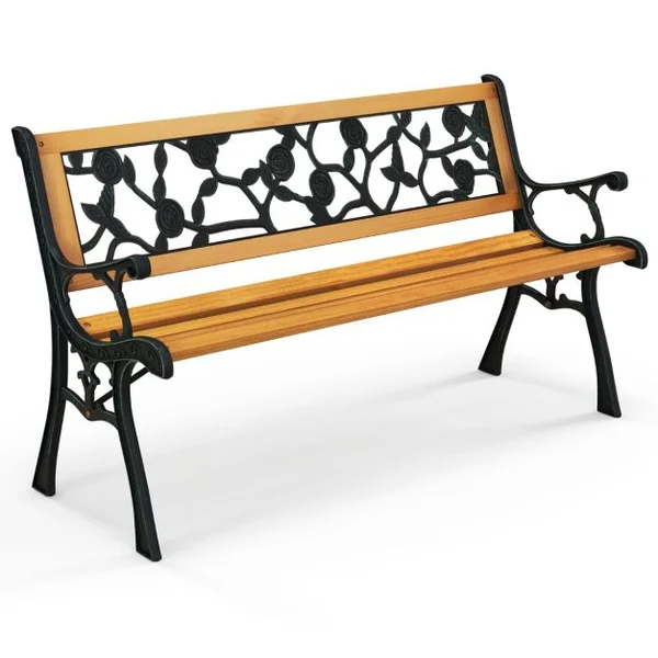 Banc de Jardin 126 cm Banc de Parc à Structure en Métal Moulé avec Siège en Bois Banc d'Extérieur pour 3 Personnes Accoudoirs Incurvés