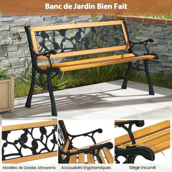 Banc de Jardin 126 cm Banc de Parc à Structure en Métal Moulé avec Siège en Bois Banc d'Extérieur pour 3 Personnes Accoudoirs Incurvés