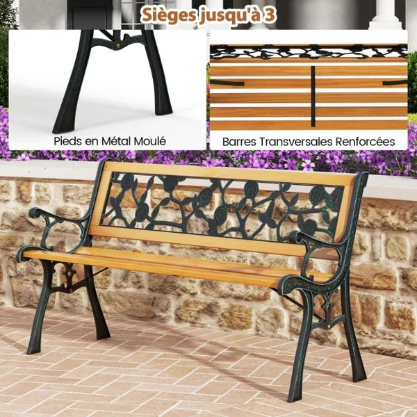 Banc de Jardin 126 cm Banc de Parc à Structure en Métal Moulé avec Siège en Bois Banc d'Extérieur pour 3 Personnes Accoudoirs Incurvés