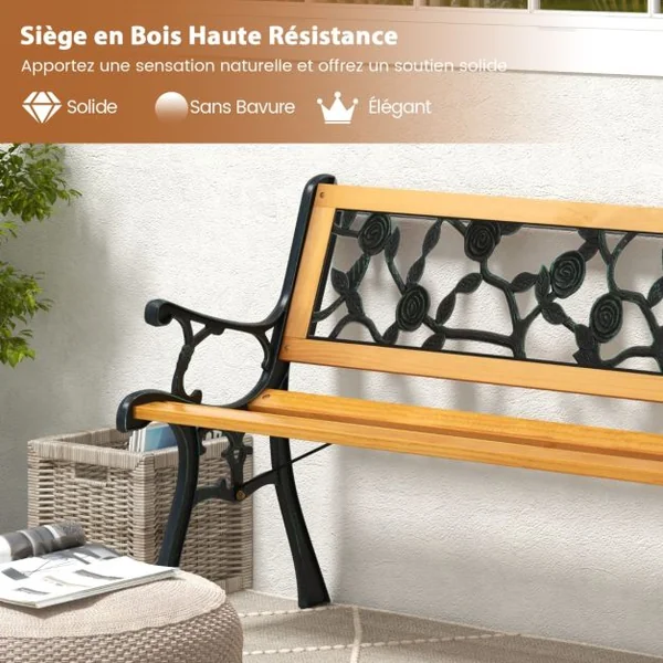 Banc de Jardin 126 cm Banc de Parc à Structure en Métal Moulé avec Siège en Bois Banc d'Extérieur pour 3 Personnes Accoudoirs Incurvés