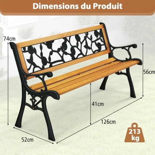 Banc de Jardin 126 cm Banc de Parc à Structure en Métal Moulé avec Siège en Bois Banc d'Extérieur pour 3 Personnes Accoudoirs Incurvés