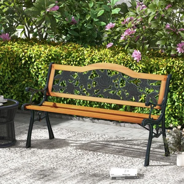 Banc de Jardin 127,5 cm Banc de Parc à Structure en Métal Moulé avec Siège en Bois Banc d'Extérieur pour 3 Personnes
