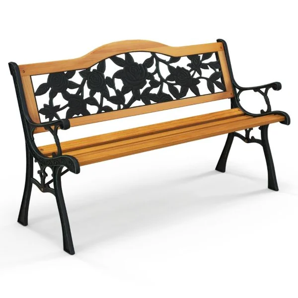 Banc de Jardin 127,5 cm Banc de Parc à Structure en Métal Moulé avec Siège en Bois Banc d'Extérieur pour 3 Personnes