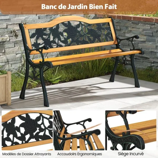Banc de Jardin 127,5 cm Banc de Parc à Structure en Métal Moulé avec Siège en Bois Banc d'Extérieur pour 3 Personnes