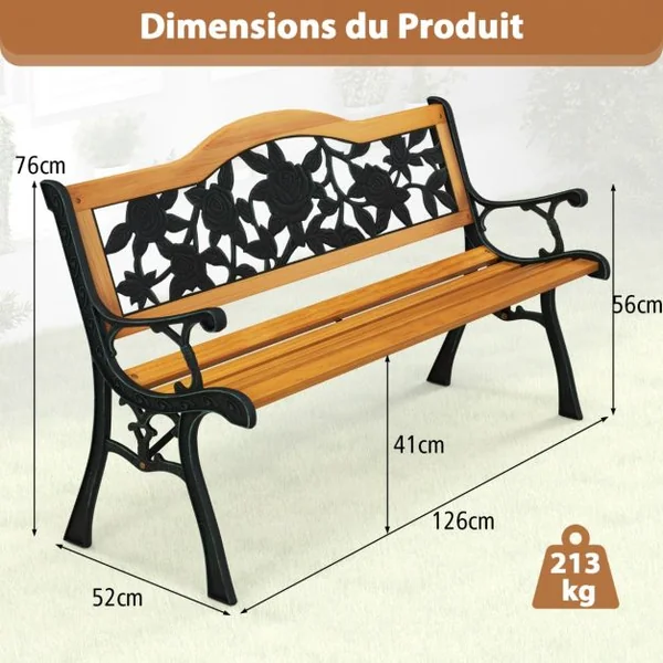 Banc de Jardin 127,5 cm Banc de Parc à Structure en Métal Moulé avec Siège en Bois Banc d'Extérieur pour 3 Personnes
