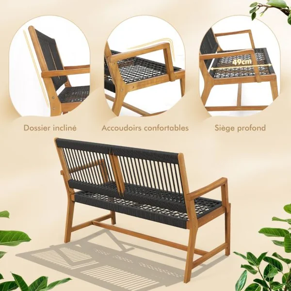 Banc de Jardin 2 Places en Bois d'Acacia avec Accoudoirs Dossier 118x63x90CM Banc d'Extérieur Toutes Saisons Charge 320KG