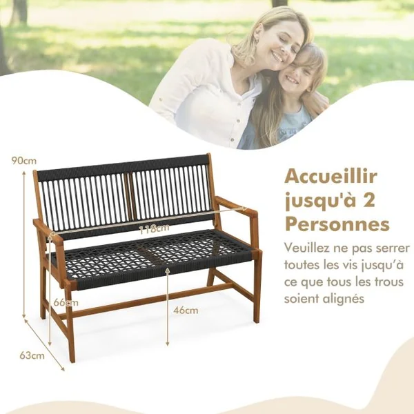 Banc de Jardin 2 Places en Bois d'Acacia avec Accoudoirs Dossier 118x63x90CM Banc d'Extérieur Toutes Saisons Charge 320KG
