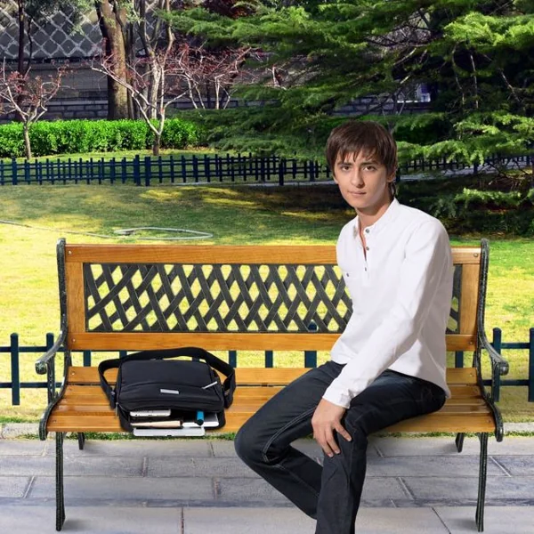 Banc de Jardin avec Bandes en Bois Pieds en Fer Dossier Ergonomique et Accoudoirs Incurvés pour Parc Cour Charge Max 208 KG